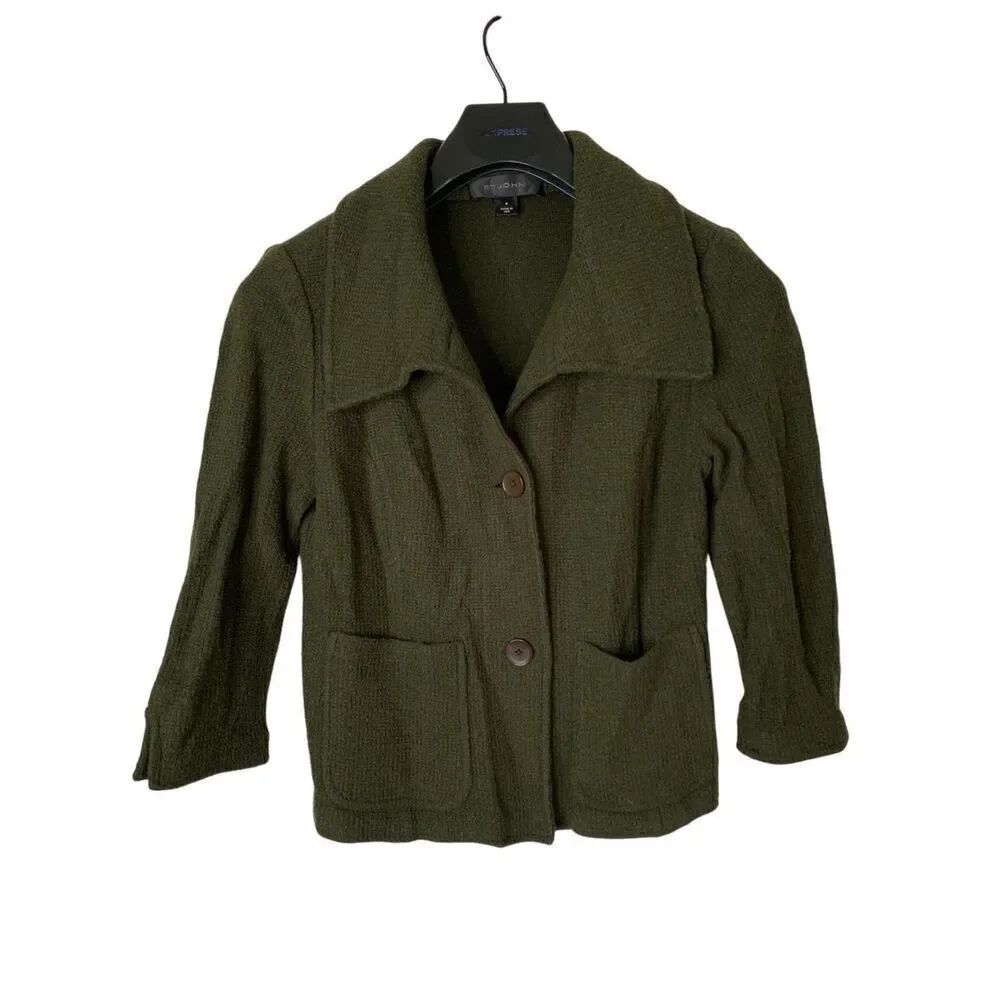 St. John button front cardigan blazer jacket green women's size 6